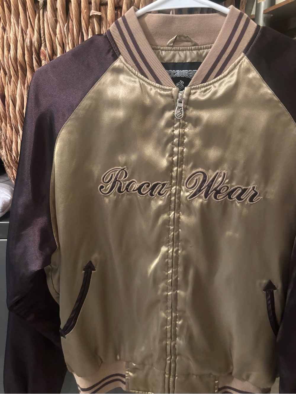 Rocawear Gold Satin Bomber with Brown Raglan Sleeves